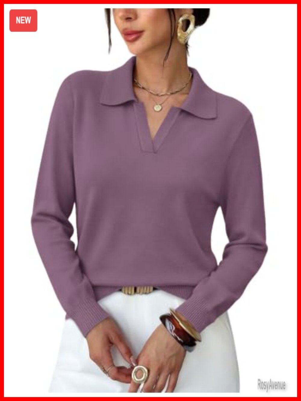 Women's Lightweight Knit Polo Collar V-Neck Long Sleeve Pullover Sweater